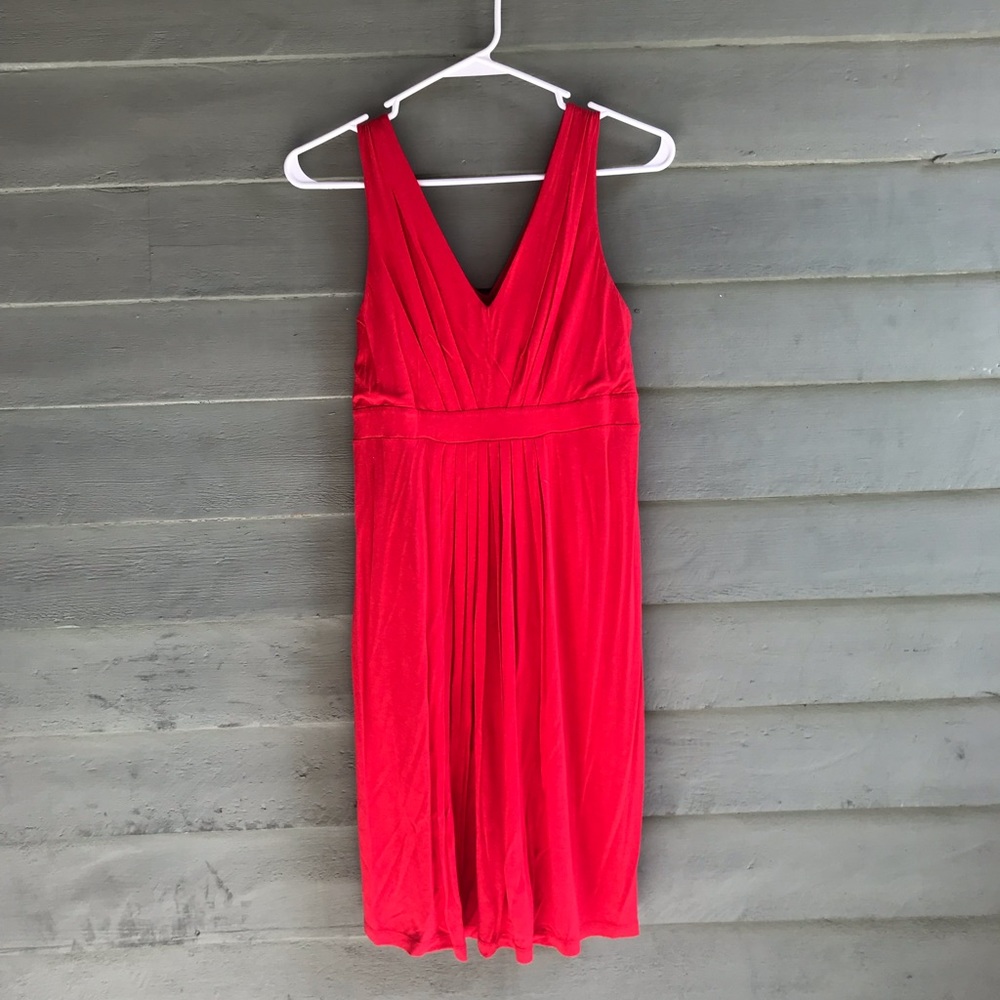 Bright red strapless v-neck dress